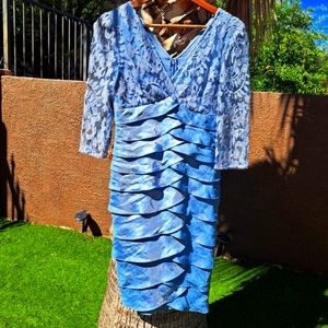 Adrianna Papell Semi formal Lavender lace, tiered 3/4 sleeve Dress S.